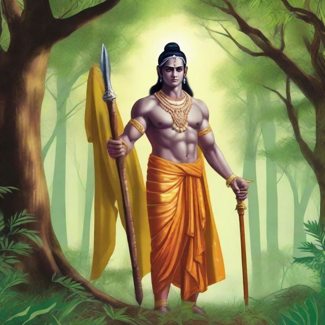 Lord Ram, clad in traditional attire, standing solemnly in a lush, ancient forest, with a gleaming knife in his hand.