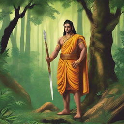 Lord Ram, clad in traditional attire, standing solemnly in a lush, ancient forest, with a gleaming knife in his hand.