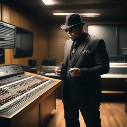 A suave gangster in a swanky music studio, surrounded by cutting-edge mixing panels. Firearms are strategically positioned around the studio. The gangster is passionately immersed in making music