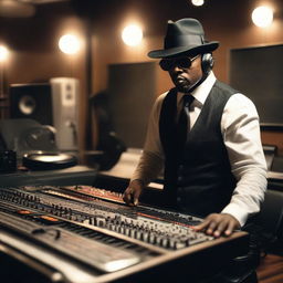 A suave gangster in a swanky music studio, surrounded by cutting-edge mixing panels. Firearms are strategically positioned around the studio. The gangster is passionately immersed in making music