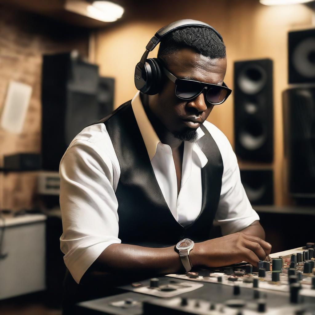 A suave gangster in a swanky music studio, surrounded by cutting-edge mixing panels. Firearms are strategically positioned around the studio. The gangster is passionately immersed in making music