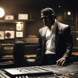 A suave gangster in a swanky music studio, surrounded by cutting-edge mixing panels. Firearms are strategically positioned around the studio. The gangster is passionately immersed in making music