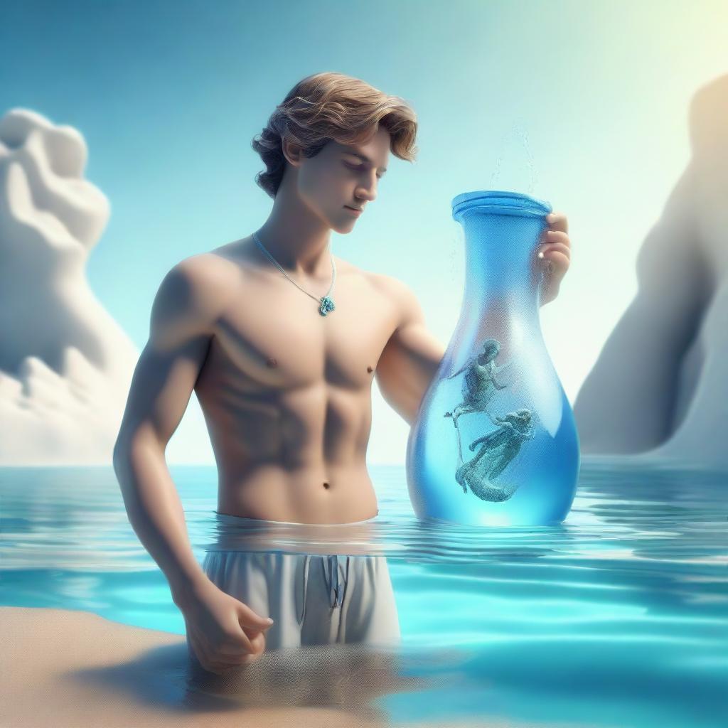 A 3D representation of a charming young guy resonating the Aquarius zodiac sign, holding the characteristic water jug, amidst an airy and aquatic backdrop.