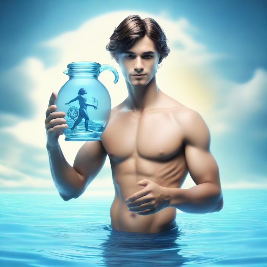 A 3D representation of a charming young guy resonating the Aquarius zodiac sign, holding the characteristic water jug, amidst an airy and aquatic backdrop.