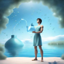 A 3D representation of a charming young guy resonating the Aquarius zodiac sign, holding the characteristic water jug, amidst an airy and aquatic backdrop.