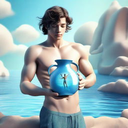 A 3D representation of a charming young guy resonating the Aquarius zodiac sign, holding the characteristic water jug, amidst an airy and aquatic backdrop.