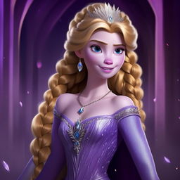 Elsa from Frozen depicted in a majestic purple outfit, her typical blonde braid cascading down her back, exuding regality and charm