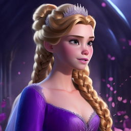 Elsa from Frozen depicted in a majestic purple outfit, her typical blonde braid cascading down her back, exuding regality and charm