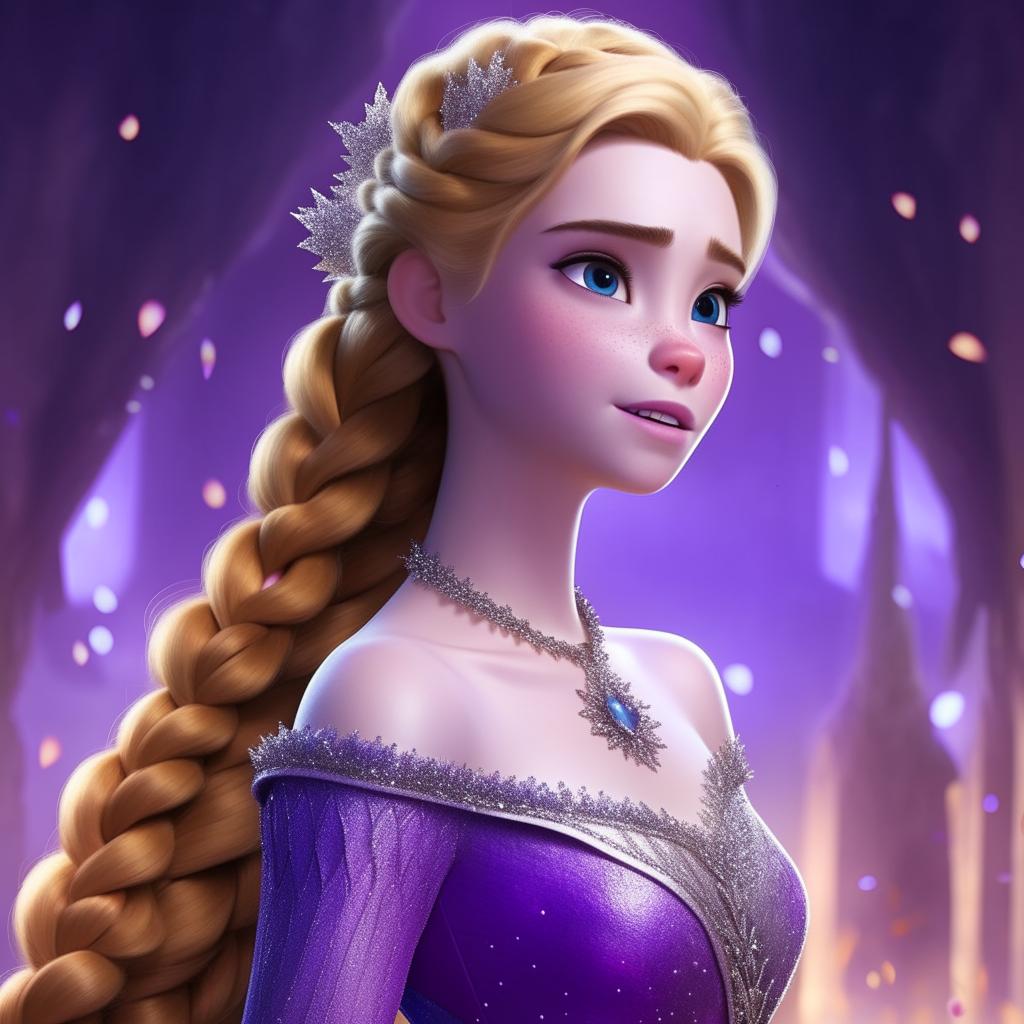 Elsa from Frozen depicted in a majestic purple outfit, her typical blonde braid cascading down her back, exuding regality and charm