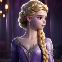 Elsa from Frozen depicted in a majestic purple outfit, her typical blonde braid cascading down her back, exuding regality and charm