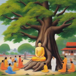 A peaceful scene with Gautam Buddha meditating under a large tree in a quaint village, surrounded by his devoted followers.