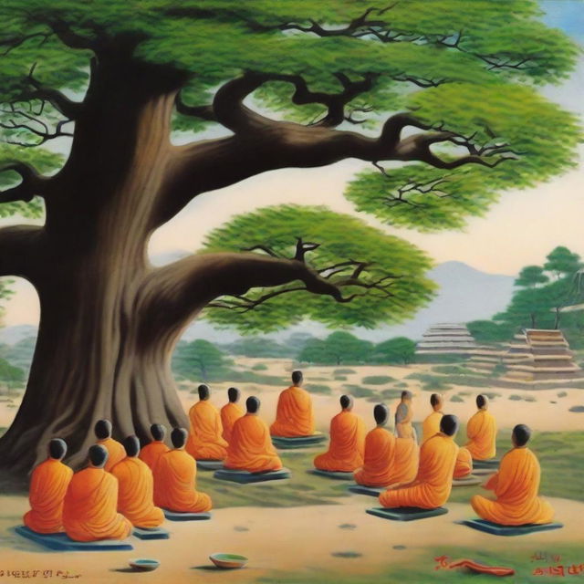 A peaceful scene with Gautam Buddha meditating under a large tree in a quaint village, surrounded by his devoted followers.