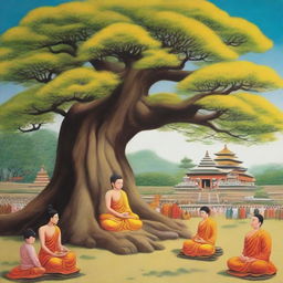 A peaceful scene with Gautam Buddha meditating under a large tree in a quaint village, surrounded by his devoted followers.