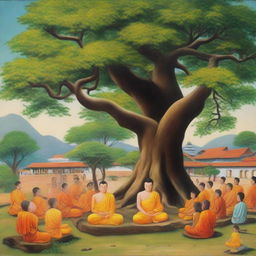 A peaceful scene with Gautam Buddha meditating under a large tree in a quaint village, surrounded by his devoted followers.