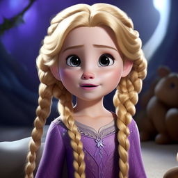 Baby Elsa from Frozen in a cute, miniature, purple outfit with her tiny blonde hair in a small braid, exuding infantile innocence and charm