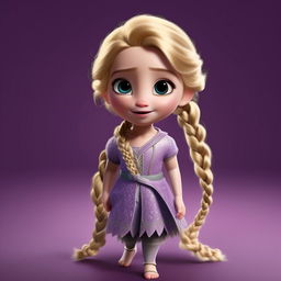 Baby Elsa from Frozen in a cute, miniature, purple outfit with her tiny blonde hair in a small braid, exuding infantile innocence and charm