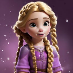 Baby Elsa from Frozen in a cute, miniature, purple outfit with her tiny blonde hair in a small braid, exuding infantile innocence and charm