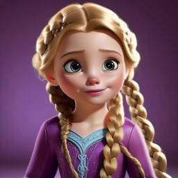 Baby Elsa from Frozen in a cute, miniature, purple outfit with her tiny blonde hair in a small braid, exuding infantile innocence and charm