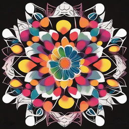 Create a simplistic yet vibrant mandala featuring colourful floral patterns, easy to draw, set starkly against a black background.