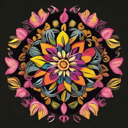 Create a simplistic yet vibrant mandala featuring colourful floral patterns, easy to draw, set starkly against a black background.