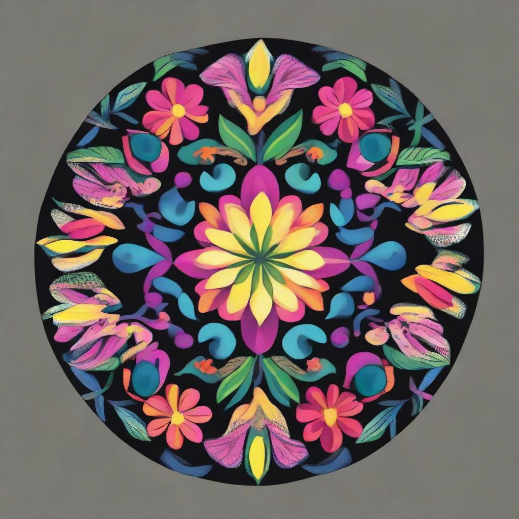 Create a simplistic yet vibrant mandala featuring colourful floral patterns, easy to draw, set starkly against a black background.