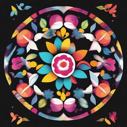 Create a simplistic yet vibrant mandala featuring colourful floral patterns, easy to draw, set starkly against a black background.