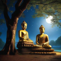 A tranquil image of Gautam Buddha in deep meditation under a tree in a quiet village, illuminated by the soft moonlight at midnight.