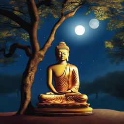 A tranquil image of Gautam Buddha in deep meditation under a tree in a quiet village, illuminated by the soft moonlight at midnight.