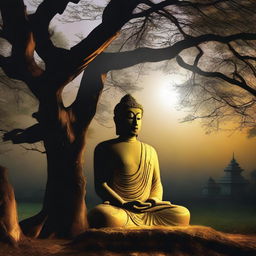 A tranquil image of Gautam Buddha in deep meditation under a tree in a quiet village, illuminated by the soft moonlight at midnight.