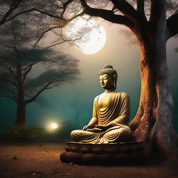 A tranquil image of Gautam Buddha in deep meditation under a tree in a quiet village, illuminated by the soft moonlight at midnight.