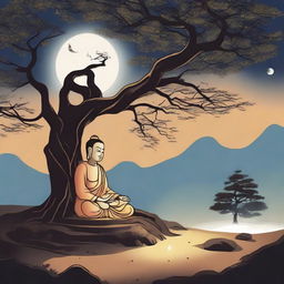 A cartoon illustration of Gautam Buddha meditating under a tree in a village, bathed in the soft glow of moonlight at midnight.