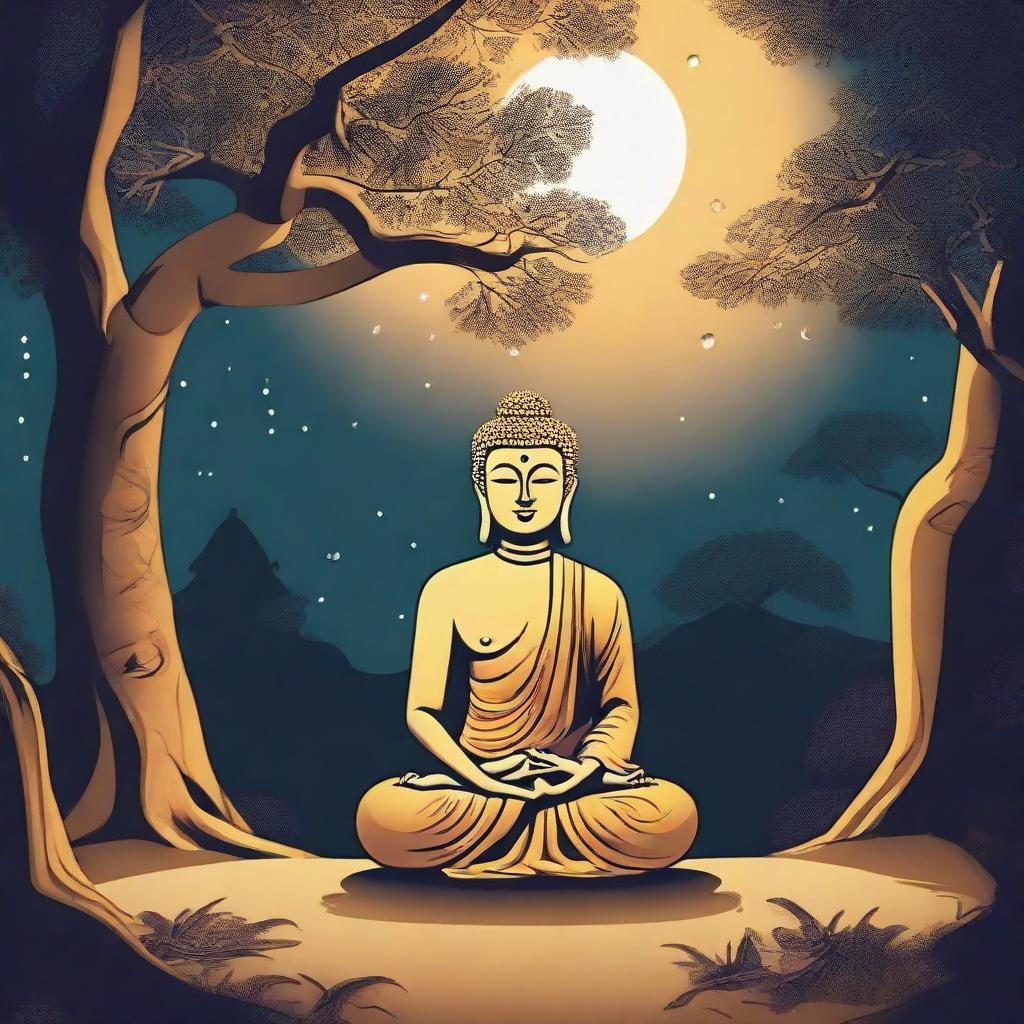 A cartoon illustration of Gautam Buddha meditating under a tree in a village, bathed in the soft glow of moonlight at midnight.