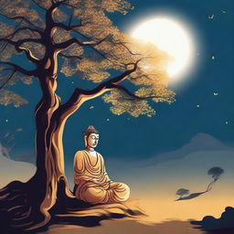 A cartoon illustration of Gautam Buddha meditating under a tree in a village, bathed in the soft glow of moonlight at midnight.