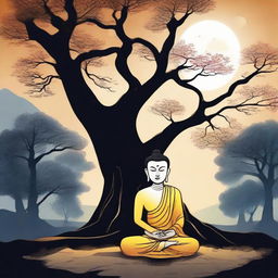 A cartoon illustration of Gautam Buddha meditating under a tree in a village, bathed in the soft glow of moonlight at midnight.