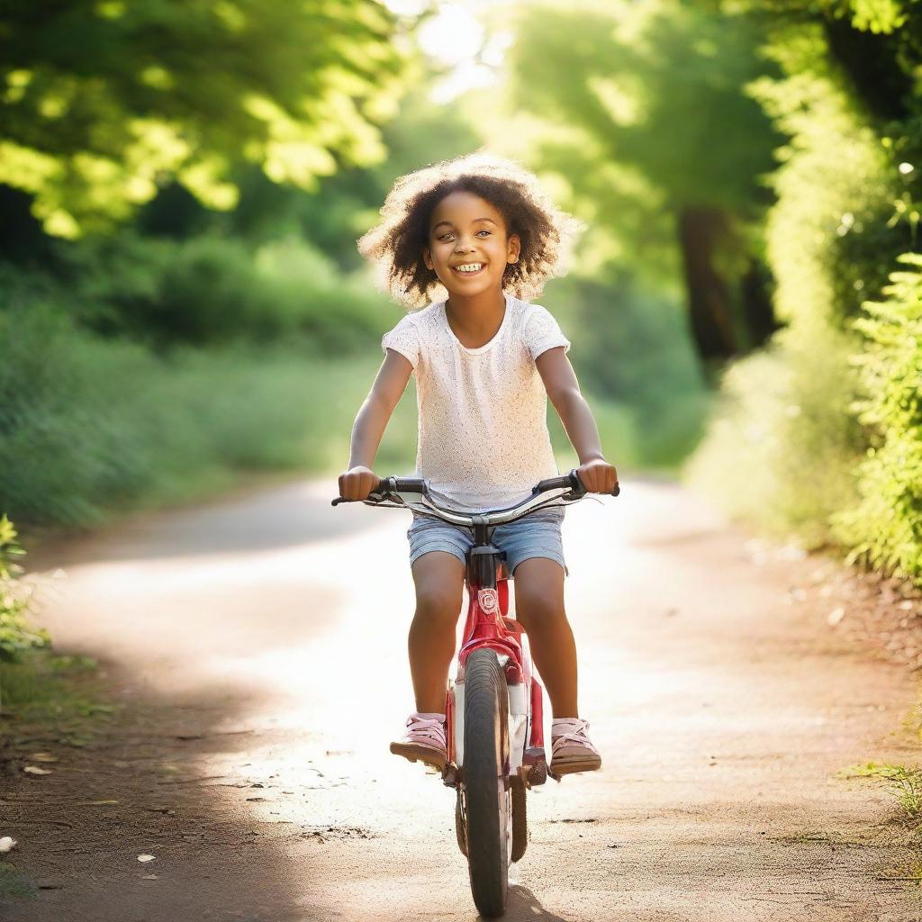 A young girl joyfully riding a bicycle on a sunlit path surrounded by lush greenery.