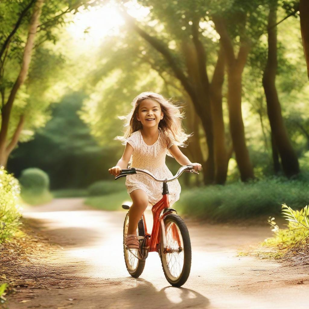 A young girl joyfully riding a bicycle on a sunlit path surrounded by lush greenery.