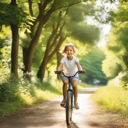 A young girl joyfully riding a bicycle on a sunlit path surrounded by lush greenery.