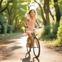 A young girl joyfully riding a bicycle on a sunlit path surrounded by lush greenery.