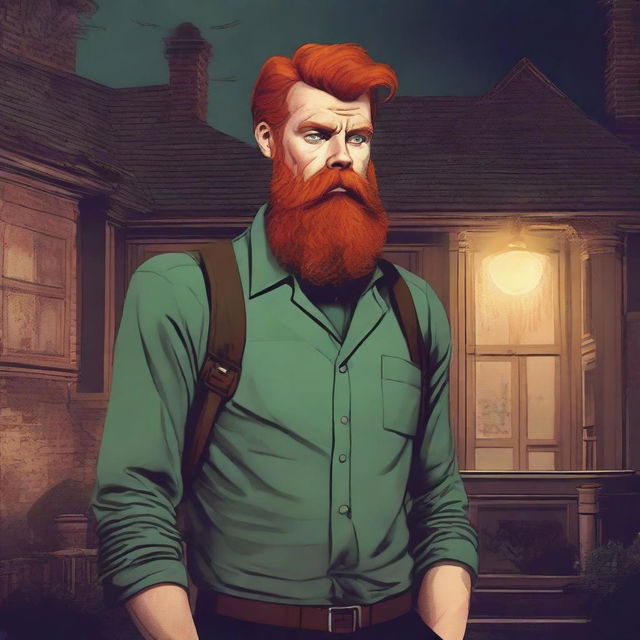 A vintage styled book cover featuring a ginger-haired, bearded man exploring a gloomy, horror-filled mansion, all set under the vibe of the 90s. No hat is worn by the man. Include text overlay for title and author.