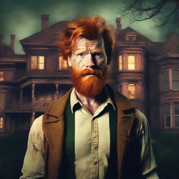 A vintage styled book cover featuring a ginger-haired, bearded man exploring a gloomy, horror-filled mansion, all set under the vibe of the 90s. No hat is worn by the man. Include text overlay for title and author.