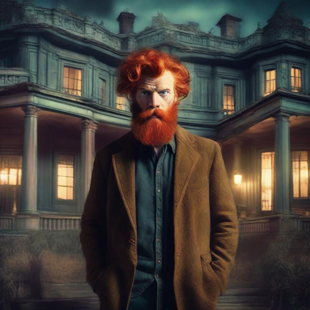 A vintage styled book cover featuring a ginger-haired, bearded man exploring a gloomy, horror-filled mansion, all set under the vibe of the 90s. No hat is worn by the man. Include text overlay for title and author.