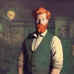 A vintage styled book cover featuring a ginger-haired, bearded man exploring a gloomy, horror-filled mansion, all set under the vibe of the 90s. No hat is worn by the man. Include text overlay for title and author.