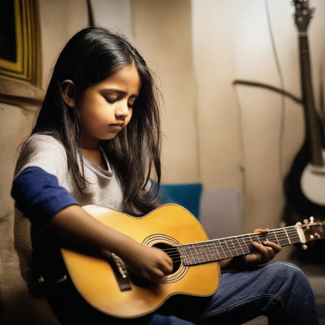 A young boy with long hair, passionately making music in Plet Mahaveer Music studio.