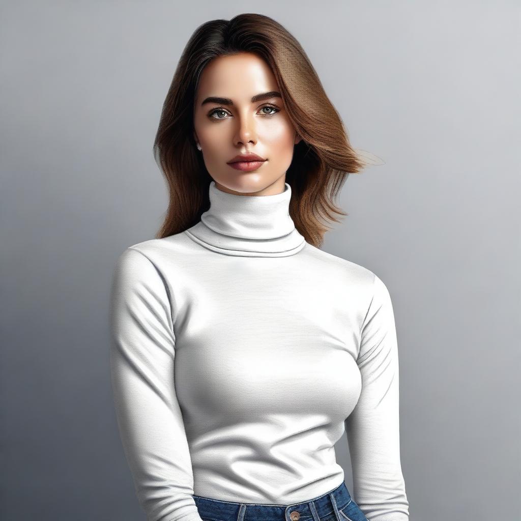 A high-quality digital art piece featuring a woman dressed in a snug white turtleneck t-shirt