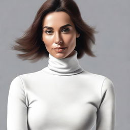 A high-quality digital art piece featuring a woman dressed in a snug white turtleneck t-shirt