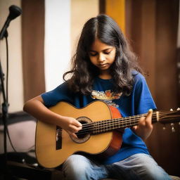 A young boy with long hair, passionately making music in Plet Mahaveer Music studio.