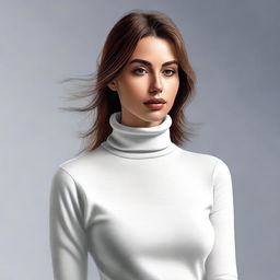 A high-quality digital art piece featuring a woman dressed in a snug white turtleneck t-shirt