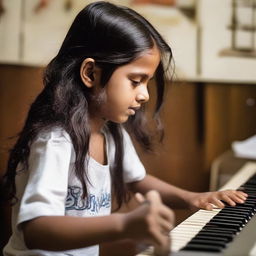 A young boy with long hair, passionately making music in Plet Mahaveer Music studio.