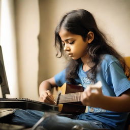 A young boy with long hair, passionately making music in Plet Mahaveer Music studio.