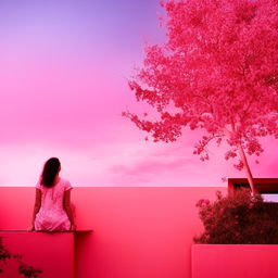 A girl sitting on a balcony, gazing at the sky with a pink theme throughout the scene. The scene also contains a vibrant pink tree.